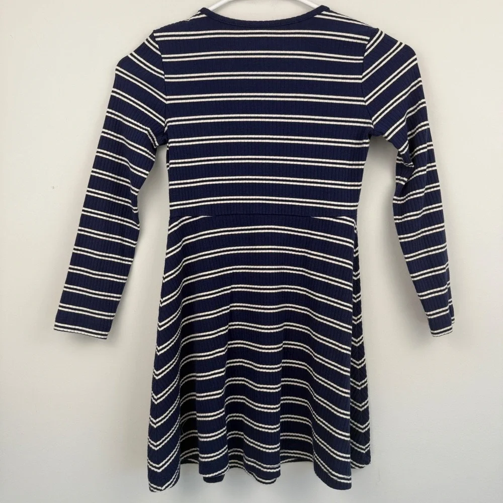 Hanna Andersson Girls Blue White Stripe Knit Ribbed Henley‎ Dress Size 130 US 8